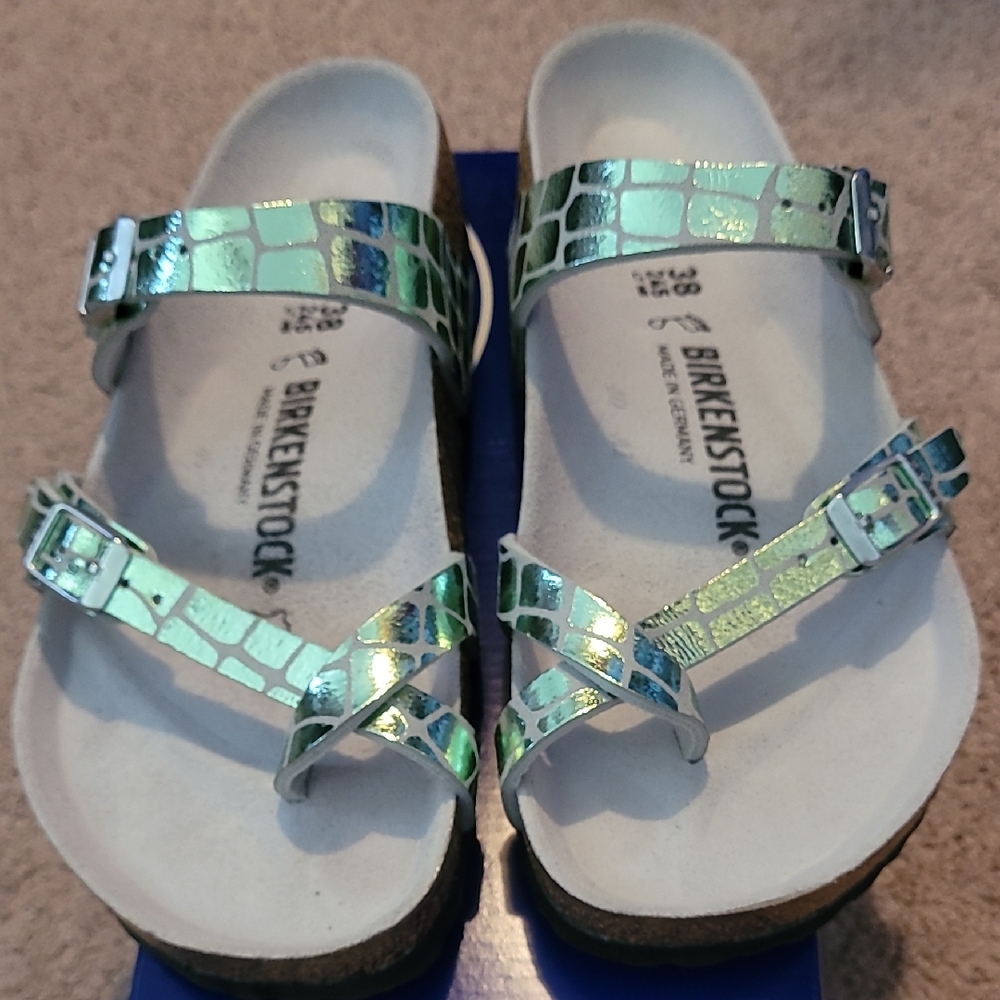 Birkenstock Women's Iridescent Mint-Green Croc-Print Strappy Sandals